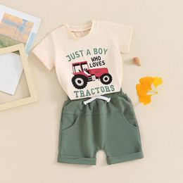 Clothing Sets Toddler Baby Boy Farm Outfit Set Tractors Letter Short Sleeve T-shirt Tops Pocket Elastic Waist Shorts Summer Clothes