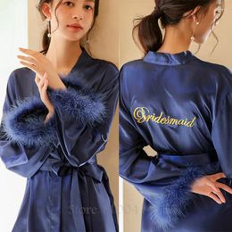 Home Clothing Embroidery Wedding Bathrobe With Feather Women Bridal Robe Gown Kimono Sleepwear For Girlfriend Sexy Satin Wear