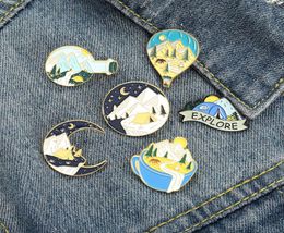 Sky Mountain Shape Alloy Brooches Coffee Moon Explore Camping Model Pins Balloon Circle Backpack Hat Badge Jewelry Whole Acces6001896