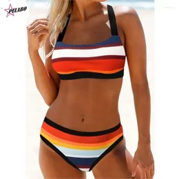 Women's Swimwear PULABO Women Colourful Stripe Print Back String Bikini Backless Bathing Suits Striped Swimsuit