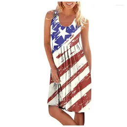 Casual Dresses Vest Sundress Sleeveless O-Neck Loose American Flag Printed Mini Dress Independence Day Women Vestidos