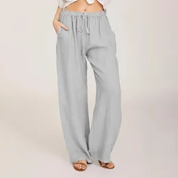 Women's Pants Summer Cotton Linen Drawstring Slanted Pocket Pure Color Sagging Sensation Straight A-Shaped Wide Leg Trousers