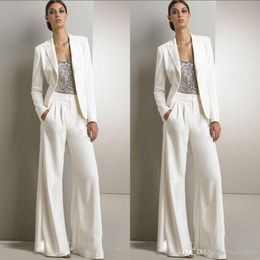 2021 New Bling Sequins Ivory White Pants Suits Mother Of The Bride Dresses Formal Chiffon Tuxedos Women Party Wear New Fashion Modest 2 2452