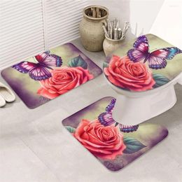 Bath Mats Red Rose Butterfly Bathroom Set Non-slip Carpet U-shaped Toilet Seat Home Decor Super Soft And Absorbs Water