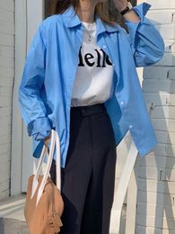 Women's Blouses Y2k Blouse Women Tops White Shirt Long Sleeve Turn Down Collar Office Button Up Causal Loose Oversized Cotton Blue