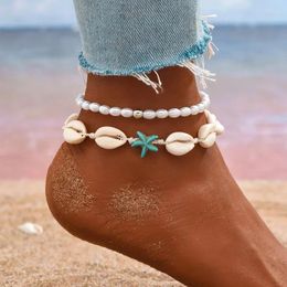 Anklets Exquisite Bohemian Beach Style Imitation Pearl Starfish Shell Hand-Woven Rope Anklet Jewelry
