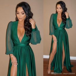 2018 Cheap Dark Green Chiffon Evening Dresses Sexy Deep V Neck Side High Slit Split Prom Dress Long Sleeves Cocktail Party Gowns 185l