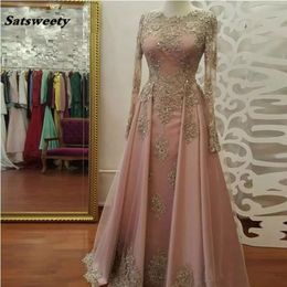 Real Photo Modest Blush Pink Prom Dresses Long Sleeve Lace Appliques Crystal Party Dresses Evening Wear vestidos de fiesta 269S