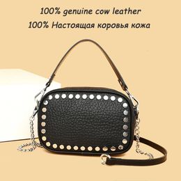 High Quality Genuine Leather Women Shoulder Crossbody Bags Designer Rivet Tote Vintage Solid Colour Cow Handbag 240509
