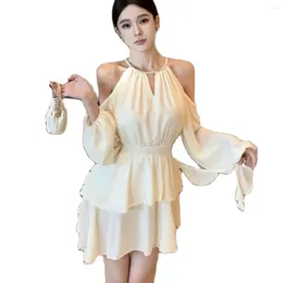 Casual Dresses 2024 Spring Women's Dress Sweet Ruffles Patchwork Shoulderless Female Cake Halter Collar Office Lady Elegant Chiffon