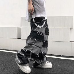 Tassel Jeans Mens Patchwork Wide Leg Lazy Style Hip Hop Loose Denim Pants Men Baggy Ripped Distressed Stacked Jeans Y2K Grunge 240429