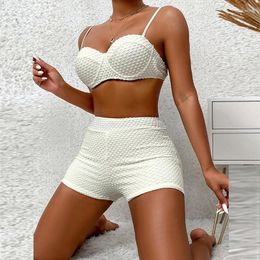 Women's Swimwear Backless Lace-up Holiday Beach Wear Female Solid Color Underwire Push Up Fashion High Waist Boxers Sling Bikini Set