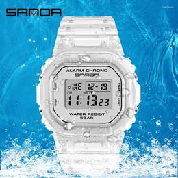 Wristwatches Sanda 2009 Square Transparent Band Electronic Watch Multi Functional Night Light Waterproof Sports Student