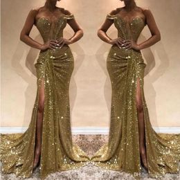 Shiny Sparkle Sequined Evening Dresses Pageant Formal Red Carpet Gowns Sexy Off Shoulder Side Split Arabic A Line Prom Gowns Party Wear 210S