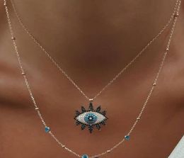 S2224 Fashion Jewelry Double Layer Evil Eye Pendant Necklace Rhinstone Blue Eyes Choker Necklaces7433034