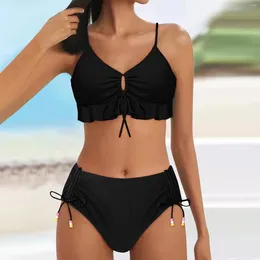 Women's Swimwear Ladies' Solid Color Ruffled High Waisted Drawstring Bikini Swimsuit Set Womens Swimming Suits Two Piece