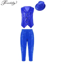 Clothing Sets Kids Boys Girls Hip- Jazz Latin Costume Sleeveless Button Sequins Tops Dancewear With Pants Hat Set For Stage Performance