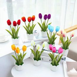 Decorative Flowers 3 Head Artificial Tulip Flower Bonsai Ornaments Simulation Fake Potted Plants Bouquet For Home Office Room Desk