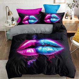 Bedding Sets Red & Blue Lips Print All Season Set Soft Comfortable And Breathable Duvet Cover For Bedroom Guest Room Dorm