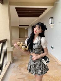 Work Dresses Korea Style Chic Short Sleeve Skirt Suit Fashion Sweet Black White Plaid 2 Pieces Set Outfits Summer Slim Top Mini Skirts