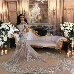 Luxury Sparkly 2020 Mermaid Wedding Dresses Sheer Long Sleeve Sexy High Neck Bling Bling Beaded Lace Appliqued Chapel Bridal Gowns Duba 202m