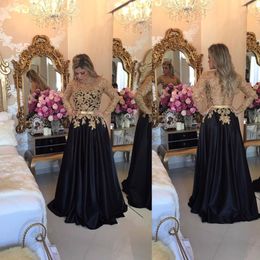 2022 Sexy Black And Gold Lace Prom Dresses Evening Gowns Sheer Jewel Neck 2018 A line Pearls Hollow Back Satin Formal Party Dress Gowns 223x
