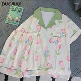 Home Clothing DUOJIHUI Two Piece Simple Floral Print Female Pyjamas Sets Summer Chic Button Cardigan Basic Pant Casual For Women