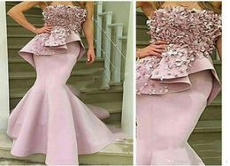 2020 New Sexy Strapless Evening Dresses Pink Lace 3Dfloral Appliques Mermaid Peplum Satin Belt Elegant Prom Gowns vestidos de nov1662018