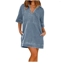 Casual Dresses Women Loose Denim Shirt Dress Summer Turn-down Collar Short Sleeve Pockets Vintage Lapel Jeans