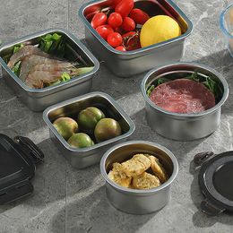 Dinnerware Stainless Steel Container Fresh Keeping Box Sealed Lid Crisper Lunch Meal Prep Storage Fridge Kitchen Set Round Square Bowl