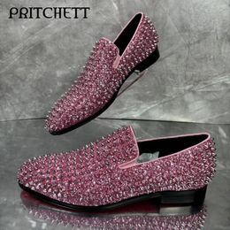 Casual Shoes Luxurious Loafers With Diamond Rivets Pink Round Toe Slip-Ons Thick Heel Large Size Stage Performance Men's