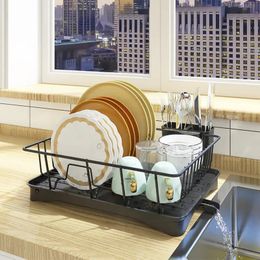 Dish Drying Rack Steel Drainer with Utensil Holder Kitchen Countertop Organiser Tray Black 240506