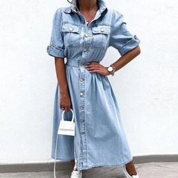 Party Dresses Turn-down Collar Short Sleeve Summer Dress Women's Single Breasted Pocket Casual Denim High Waist Pleated 2024