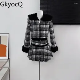 Work Dresses GkyocQ Korean Fashion Two Piece Sets Black And White Plaid Fur Spliced Lapel Collar Short Jacket High Waist Mini Skirt