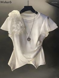 Women's T Shirts Summer Korean For Women 3D Flower Tshirts Irregular Pleated Sweet Tees Y2k Casual Fashion Vintage Simple White Shirt