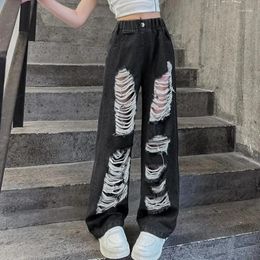 Trousers Teen Girl Black Jeans Thin Street Trendy Beggars Hole Broken Straight Summer Narrow Loose Wide Leg Pants Pantalon Fille