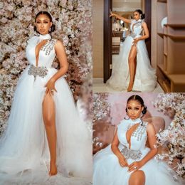 Crystals Beading Wedding Dress High Neck 2021 Arabic Sleeveless Tulle A Line Boho Bridal Gowns Sexy Side Sllit African Girls Vestido De 2618