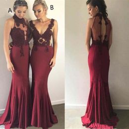 Burgundy Bridesmaid Dresses For Western Weddings High Neck Hollow Out Applique Lace Maid Of Honor Gowns Mermaid Evening Prom Vestidos B 293p