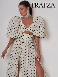 Work Dresses TRAFZA 2024 Female Spring Polka Dots Printed Suit Cropped Short Sleeves Square Neck Top Slit High Waist Chic Skirt Vintage