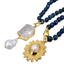 GuaiGuai Jewellery 2 Strands Blue Agates Necklace Keshi Pearl Clear Quartz Buddha Head Pendant Necklace 20quot Religious Style For7597904