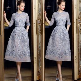 Short Evening Dresses with 3D Floral Appliques Half Sleeve Beading Pearls Party Dress for Women Organza Ellie Saab Formal Prom Gowns 284O