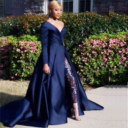 2018 Modest Royal Blue Jumpsuits Two Pieces Prom Dresses One Shoulder Front Side Slit Pantsuit Evening Gowns Party Dress 3191