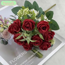 Decorative Flowers 10 Head Rose Artificial Flower Fake With Stem Bouquet Suitable For Home Wedding Party Decoration