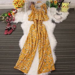 Boho Summer Beach Floral Printed Jumpsuit for Women Offshoulder Ruffles Ladies Jumpsuits Wide Leg Bodycon Rompers Drop 240423