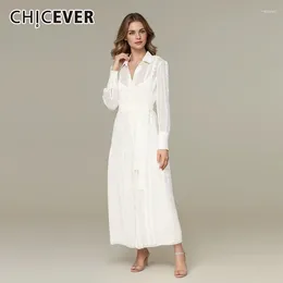 Casual Dresses CHICEVER Minimalist Loose For Women Lapel Long Sleeve Single Breasted High Waist Folds Spring Maxi Dress Female