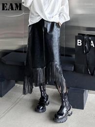 Skirts High Elastic Waist Black Pu Leather Tassels Irregular Half-body Skirt Women Fashion Tide Spring Autumn 2024 1DH1208