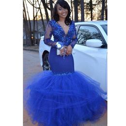 Vintage Royal Blue Mermaid Prom Dresses With Full Sleeve Deep V Neck Appliques Puffy Bottom Africa Dress Plus Size Satin Evening Party 2374