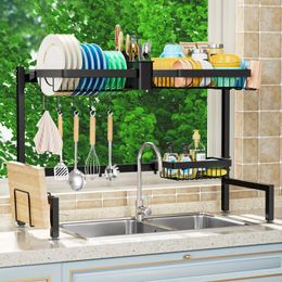 Kitchen Storage Dish Rack 2 Tiers Over The Sink Drying With Utensil Holders And Cutting Board Holder Expandable Large Capacity