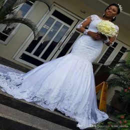 African Vintage Lace Mermaid Wedding Dresses Bateau Neck Applique Court Train Illusion Long Sleeve Bridal Gowns Vestido de Novia 296t