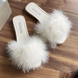 Slippers Sexy Women 2024 Fashion Square Toe Furry Flat Shoes For Open Toed House Female Zapatos Mujer